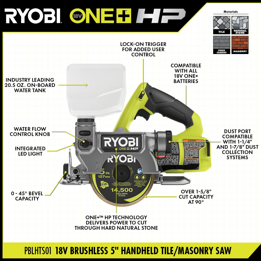 18V ONE+ Brushless 5" Handheld Tile/Masonry Saw Kit - PBLHTS01K
