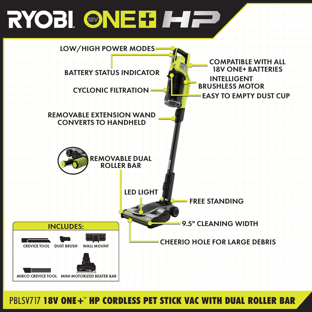 18V ONE+ HP Cordless Pet Stick Vac Kit with Dual-Roller Bar - PBLSV717K