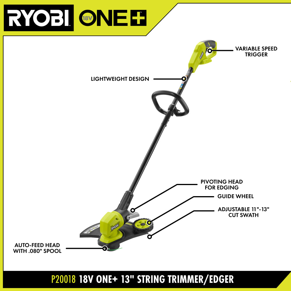 18V ONE+ 13" Cordless Battery String Trimmer/ Lawn Edger with 4.0 Ah Battery and Charger - P20180
