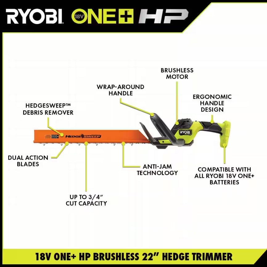 18V ONE+ HP Brushless 22" Hedge Trimmer - P2608BTL