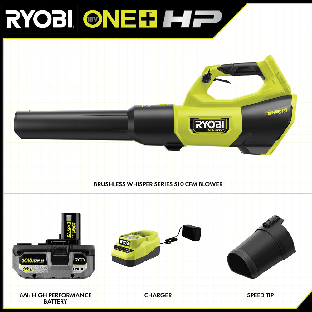 18V ONE+ HP Brushless WHISPER SERIES 510 CFM 130 MPH Battery Leaf Blower, 6.0 Ah Battery, Charger - PBLLB01K