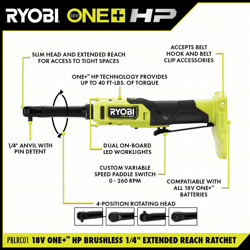 18V ONE+ HP Brushless 1/4" Extended Reach Ratchet Kit - PBLRC01K1