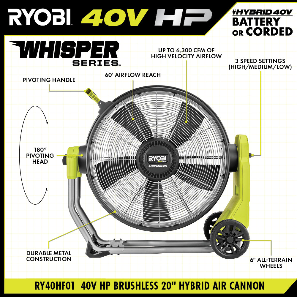40V HP Brushless Hybrid WHISPER SERIES 20" Air Cannon Fan - RY40HF01B