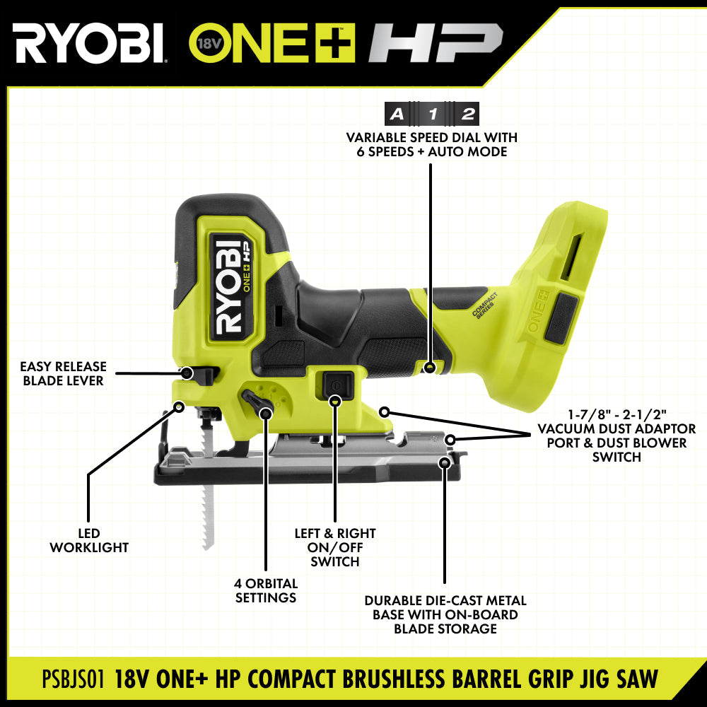 18V ONE+ HP Compact Brushless Barrel Grip Jig Saw - PSBJS01B