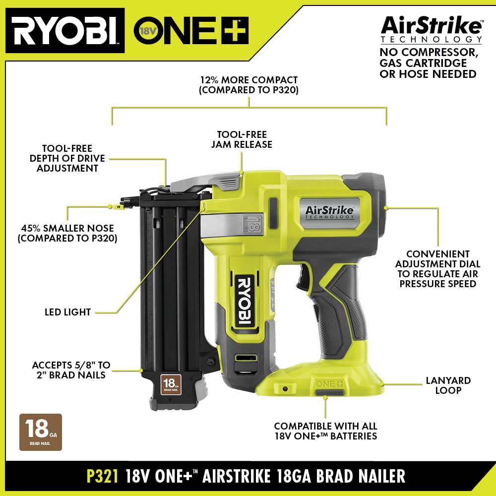 18V ONE+ AirStrike 18GA Brad Nailer Kit - P321K1