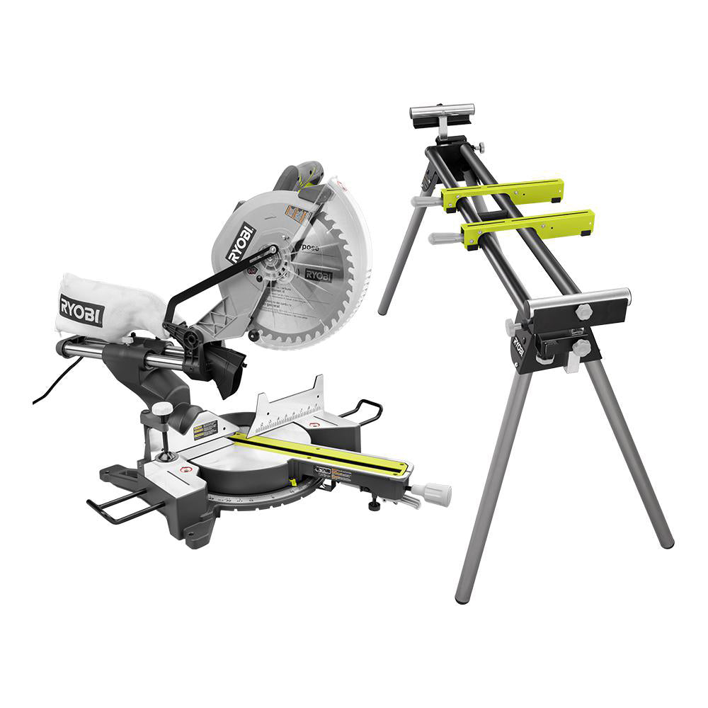 12" Sliding Miter Saw with LED and Miter Saw Stand with Tool-Less Height Adjustment - TSS121-RMS10G