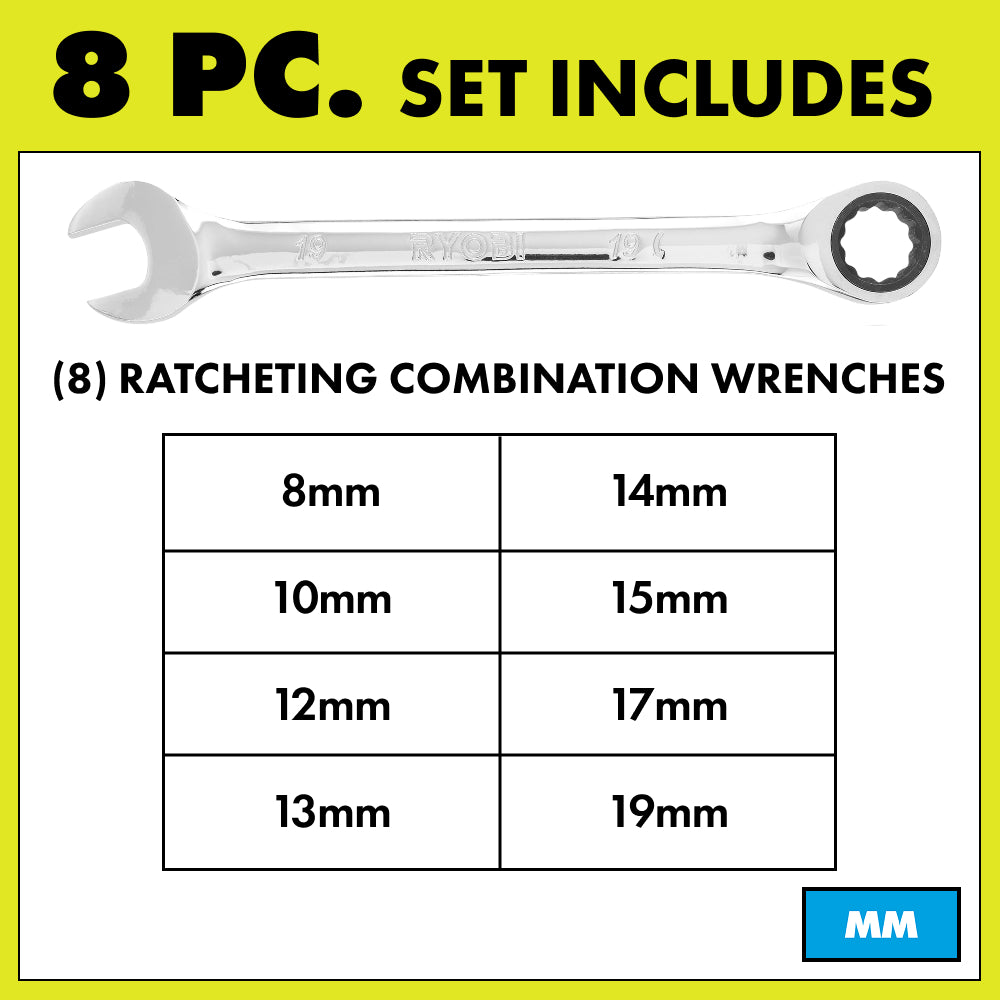 8 PC. Metric Ratcheting Combination Wrench Set - RHMTRW802