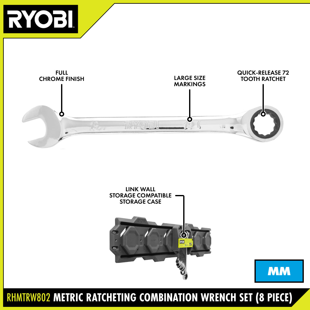 8 PC. Metric Ratcheting Combination Wrench Set - RHMTRW802