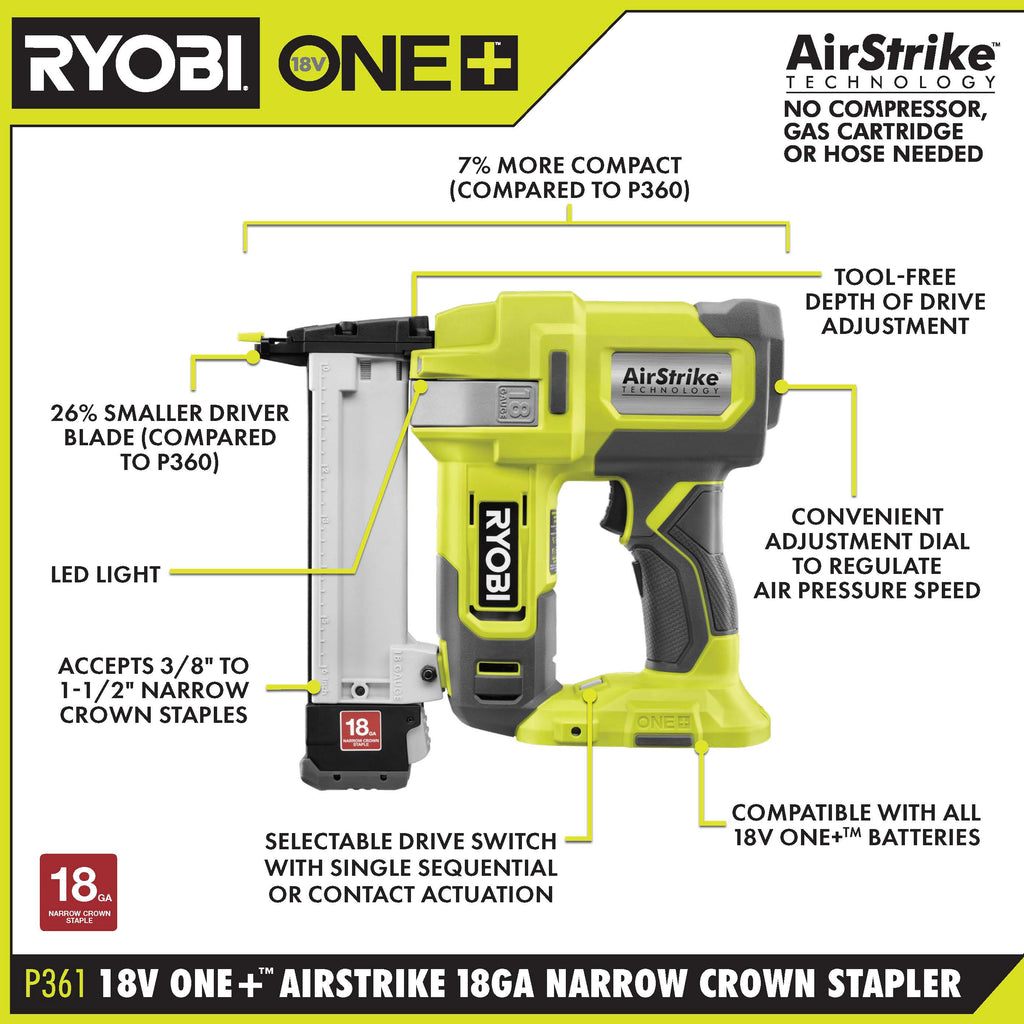 18V ONE+ AirStrike 18GA Narrow Crown Stapler - P361