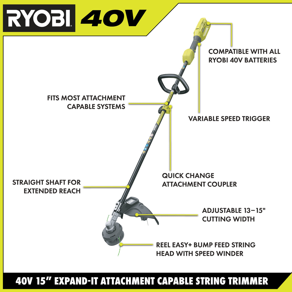 40V Attachment Capable 15" String Trimmer - RY40205BTLVNM