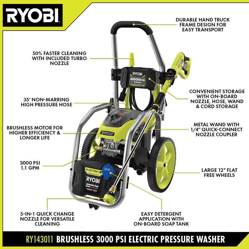 3000 PSI 1.1 GPM Brushless Electric Pressure Washer with 12" 2300 PSI Surface Cleaner - RY143011-RY31SC312