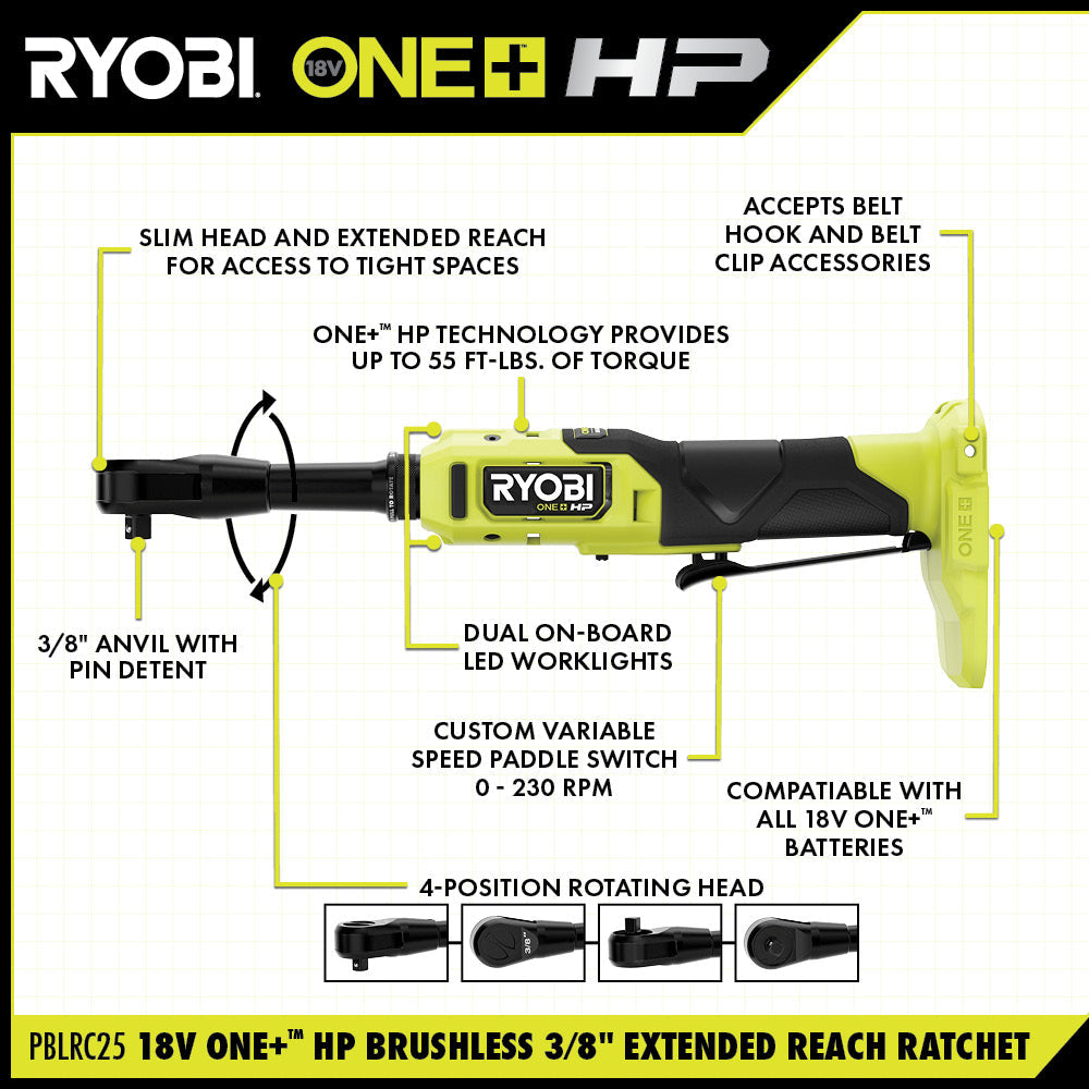 18V ONE+ HP Brushless 3/8" Extended Reach Ratchet - PBLRC25B