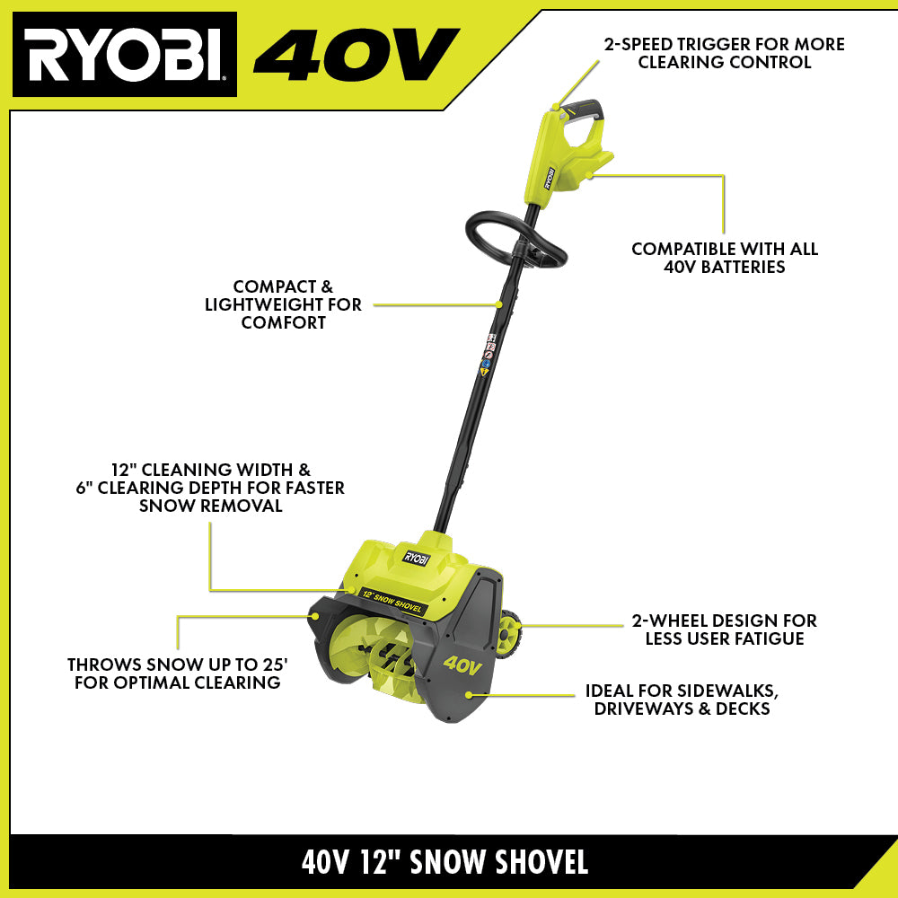 40V 12" Wheeled Snow Shovel Kit - RY408130