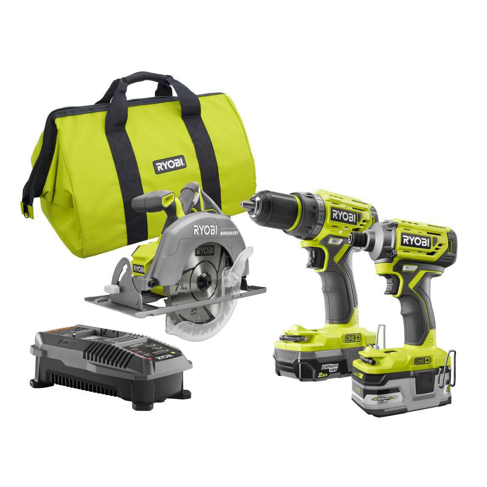 18V ONE+ LI-Ion Brushless 3-Tool Combo Kit with Drill/Driver, Impact Driver, Circ Saw, Batteries, Charger - P1837
