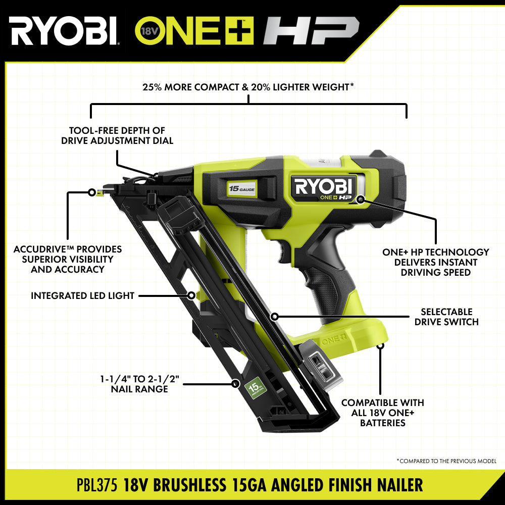 18V ONE+ HP Brushless 15GA Angled Finish Nailer - PBL375B