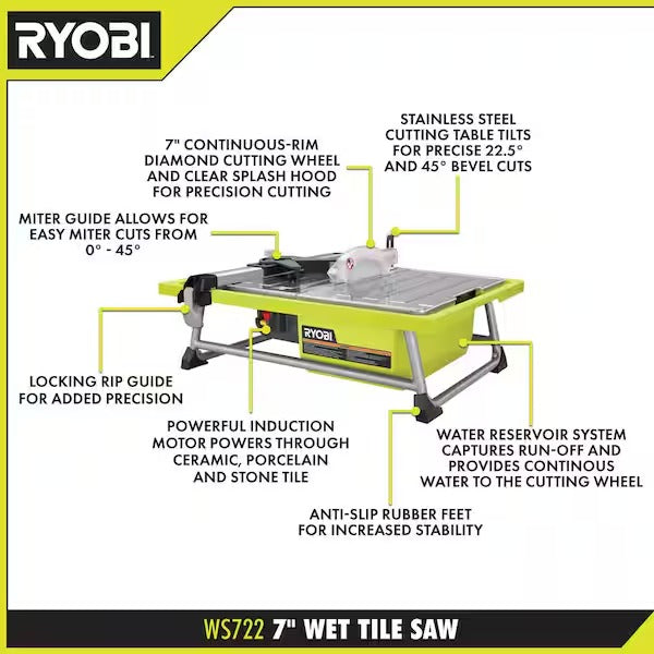 4.8 Amp 7" Diamond Blade Corded Wet Tabletop Tile Saw - WS722